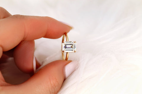 2.60ct LOW Tiana 9x7mm 14kt Gold Moissanite Diamond Hidden Halo Emerald Cut Ring,Emerald Engagement Ring,Secret Halo Ring,Anniversary Gift