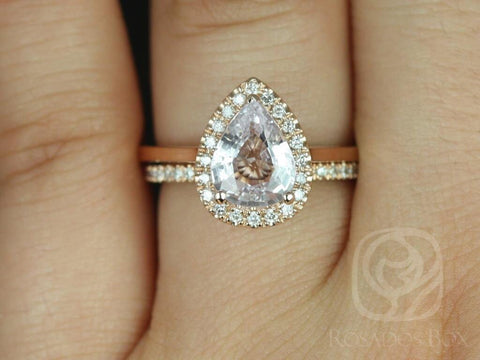 1.78ct Ready to Ship Julie 1.78cts & Swt Hrt Kubian 14kt Rose Gold Icy Blush Sapphire Diamond Pear Halo Bridal Set - Rosados Box