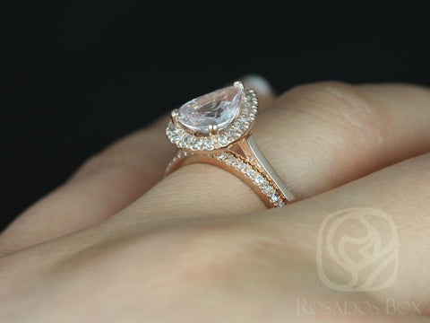 1.78ct Ready to Ship Julie 1.78cts & Swt Hrt Kubian 14kt Rose Gold Icy Blush Sapphire Diamond Pear Halo Bridal Set - Rosados Box