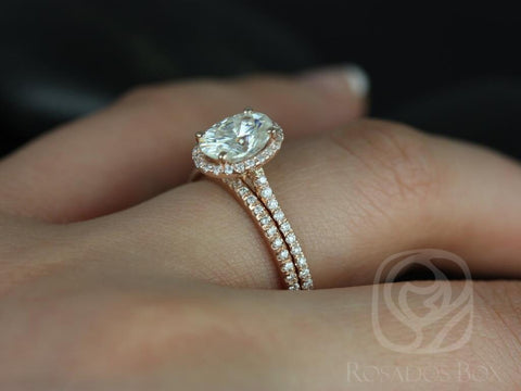 1.50ct Rachel 8x6mm 14kt Rose Gold Forever One Moissanite Diamonds Dainty Micropave Oval Halo Bridal Set