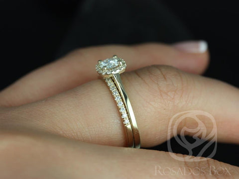 0.50ct Bella 5mm & Romani 14kt Moissanite Diamond Dainty Cushion Halo Bridal Set - Rosados Box