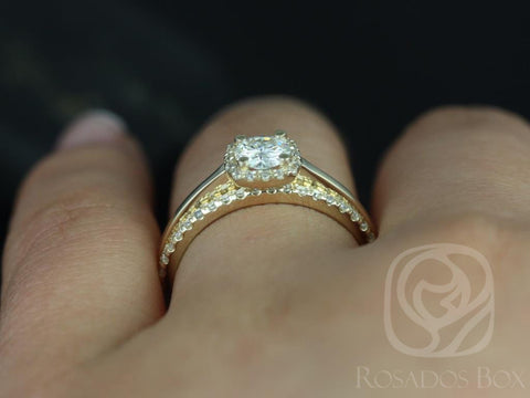 0.50ct Bella 5mm & Romani 14kt Moissanite Diamond Dainty Cushion Halo Bridal Set - Rosados Box