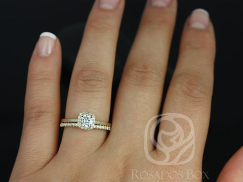 0.50ct Bella 5mm & Romani 14kt Moissanite Diamond Dainty Cushion Halo Bridal Set - Rosados Box