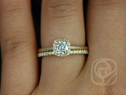 0.50ct Bella 5mm & Romani 14kt Moissanite Diamond Dainty Cushion Halo Bridal Set - Rosados Box