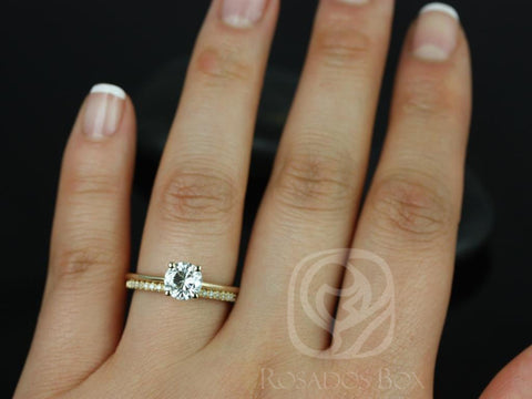 1ct Skinny Alberta 6.5mm & Romani 14kt Gold Moissanite Diamond Round Solitaire Bridal Set - Rosados Box