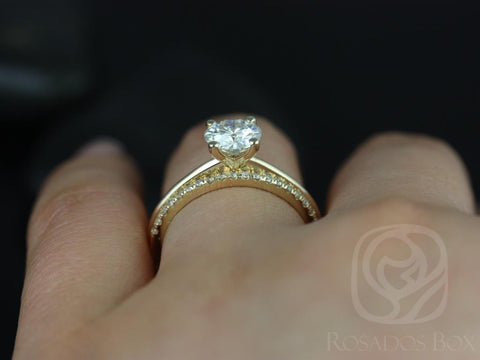 1ct Skinny Alberta 6.5mm & Romani 14kt Gold Moissanite Diamond Round Solitaire Bridal Set - Rosados Box