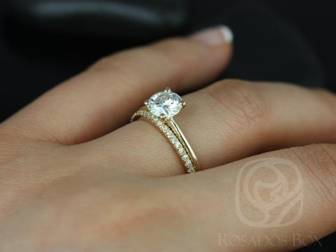 1ct Skinny Alberta 6.5mm & Romani 14kt Gold Moissanite Diamond Round Solitaire Bridal Set - Rosados Box