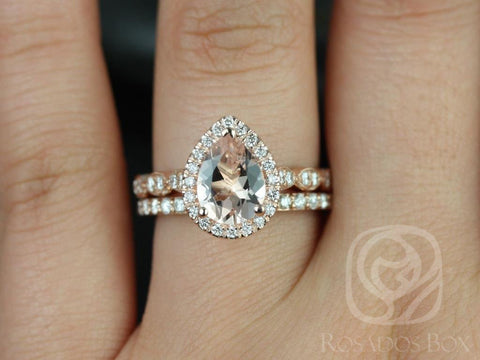 Sydney 9x7mm & Taylor 14kt Gold Morganite Diamond WITH Milgrain Pear Halo Bridal Set - Rosados Box