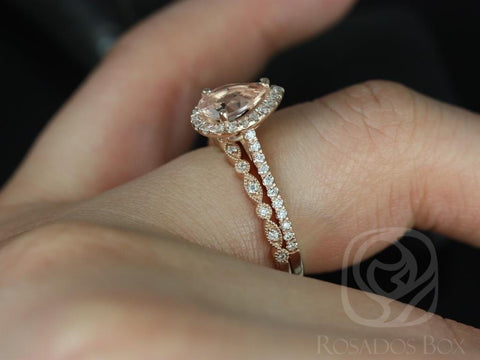 Tabitha 8x6mm & Gwen 14kt Gold Morganite Diamond Art Deco Pear Halo Bridal Set - Rosados Box