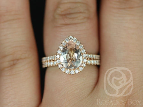 Tabitha 9x7mm 14kt Rose Gold Morganite Diamonds Dainty Pave Pear Halo Bridal Set - Rosados Box