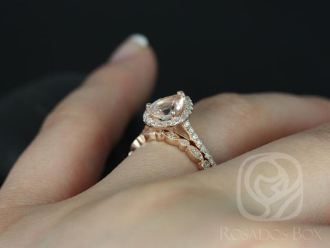 Tabitha 8x6mm & Gwen 14kt Gold Morganite Diamond Art Deco Pear Halo Bridal Set - Rosados Box