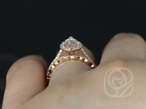 Tabitha 8x6mm & Gwen 14kt Gold Morganite Diamond Art Deco Pear Halo Bridal Set - Rosados Box