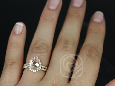 Tabitha 9x7mm 14kt Rose Gold Morganite Diamonds Dainty Pave Pear Halo Bridal Set - Rosados Box