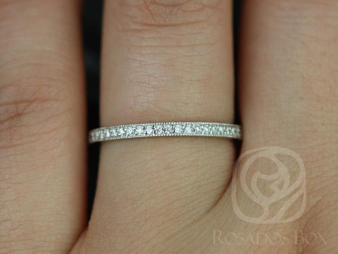 Victoria 14kt White Gold Thin WITH Milgrain Pave Diamonds ALMOST Eternity Ring - Rosados Box