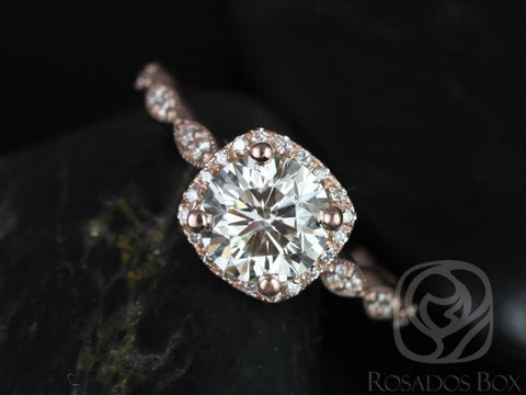 Rosados Box Ready to Ship Christie 7mm 14kt YELLOW Gold Moissanite Diamond Halo WITH Milgrain Engagement Ring - Rosados Box