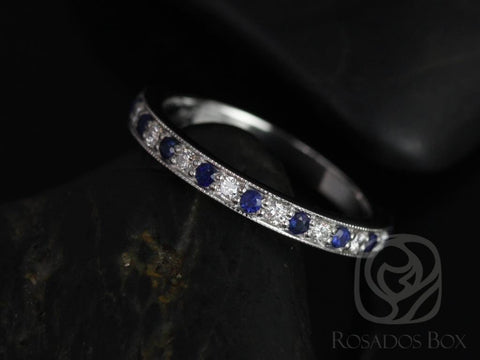 Rosados Box Grace 14kt White Gold Blue Sapphire and Diamonds WITH Milgrain HALFWAY Eternity Band - Rosados Box