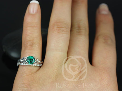 Ready to Ship Cassidy 6mm 14kt Solid ROSE Gold Green Emerald Diamond Celtic Love Knot Irish Triquetra Round Bridal Set - Rosados Box