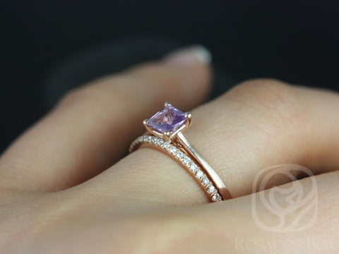 0.60ct Ready to Ship Gallina & Barra 14kt Rose Gold Princess Purple Sapphire Diamond Cushion Halo Bridal Set - Rosados Box