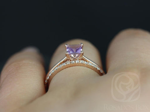 0.60ct Ready to Ship Gallina & Barra 14kt Rose Gold Princess Purple Sapphire Diamond Cushion Halo Bridal Set - Rosados Box