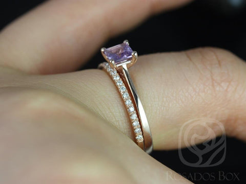 0.60ct Ready to Ship Gallina & Barra 14kt Rose Gold Princess Purple Sapphire Diamond Cushion Halo Bridal Set - Rosados Box