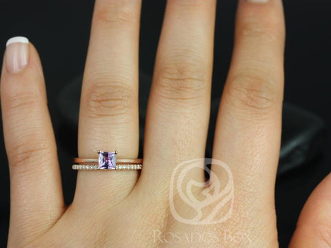 0.60ct Ready to Ship Gallina & Barra 14kt Rose Gold Princess Purple Sapphire Diamond Cushion Halo Bridal Set - Rosados Box