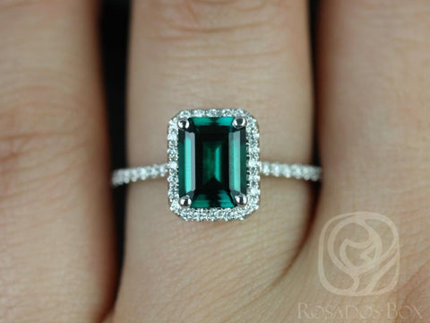 Ready to Ship Esmeralda 8x6mm 14kt White Gold Green Emerald Birthstone Diamond Dainty Pave Halo Engagement Ring