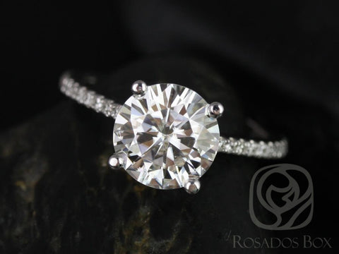 Ready to Ship Eloise 8mm 14kt White Gold Moissanite Diamonds Dainty Pave Cathedral Round Solitaire Engagement Ring - Rosados Box