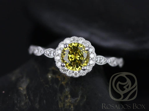 Ready to Ship Sunny 6mm 14kt White Gold Yellow Sapphire Diamond WITH Milgrain Flower Halo Ring - Rosados Box