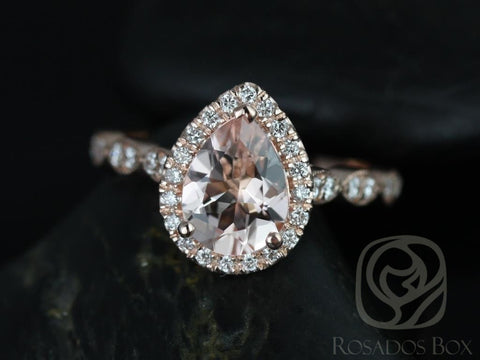 Rosados Box Sydney 9x7mm 14kt Rose Gold Pear Morganite and Diamonds Halo and Leaves WITH Milgrain Engagement Ring - Rosados Box