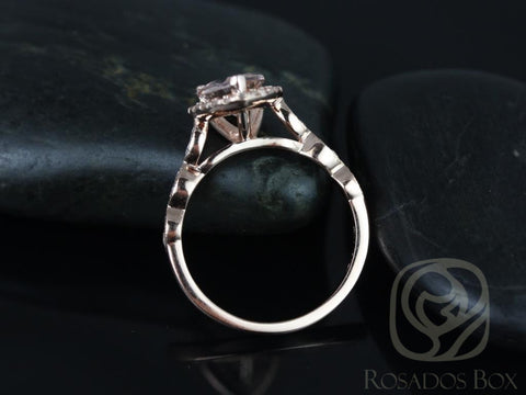 Rosados Box Sydney 9x7mm 14kt Rose Gold Pear Morganite and Diamonds Halo and Leaves WITH Milgrain Engagement Ring - Rosados Box