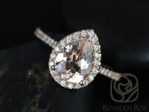 Tabitha 9x7mm 14kt Rose Gold Morganite Diamonds Dainty Thin Micro Pave Pear Halo Engagement Ring - Rosados Box