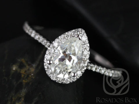 1ct Tabitha 8x5mm 14kt White Gold Forever One Moissanite Diamond Pear Halo Engagement Ring - Rosados Box