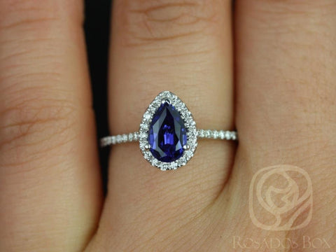 Tabitha 8x5mm 14kt White Gold Blue Sapphire Diamonds Dainty Pave Pear Halo Engagement Ring - Rosados Box