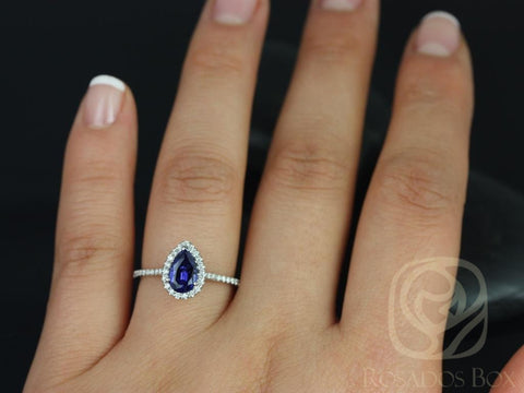 Tabitha 8x5mm 14kt White Gold Blue Sapphire Diamonds Dainty Pave Pear Halo Engagement Ring - Rosados Box