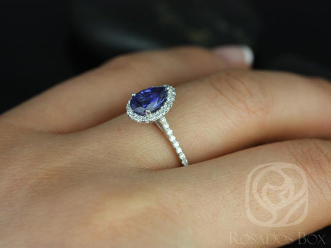 Tabitha 8x5mm 14kt White Gold Blue Sapphire Diamonds Dainty Pave Pear Halo Engagement Ring - Rosados Box