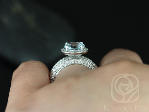 Rosados Box Ready to Ship Ellen 8mm 14kt White Gold Round Aquamarine Diamond Pave Halo Bridal Set - Rosados Box