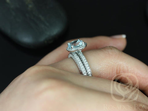 Rosados Box Ready to Ship Ellen 8mm 14kt White Gold Round Aquamarine Diamond Pave Halo Bridal Set - Rosados Box