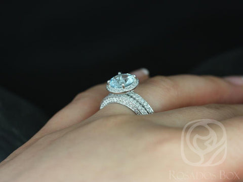 Rosados Box Ready to Ship Ellen 8mm 14kt White Gold Round Aquamarine Diamond Pave Halo Bridal Set - Rosados Box