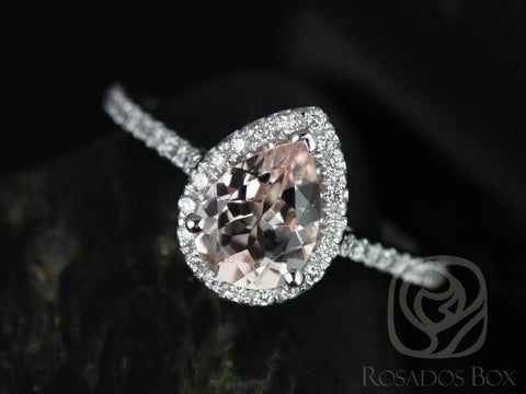 Ready to Ship Tabitha 8x6mm 14kt White Gold Morganite Diamond Pear Halo Ring - Rosados Box