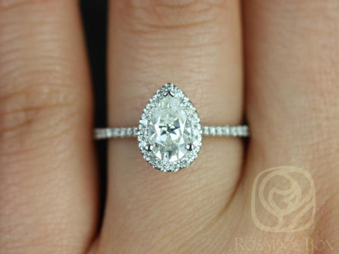 1ct Tabitha 8x5mm 14kt White Gold Forever One Moissanite Diamond Pear Halo Engagement Ring - Rosados Box