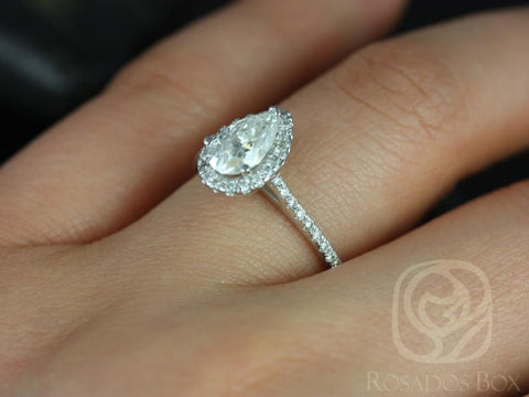 1ct Tabitha 8x5mm 14kt White Gold Forever One Moissanite Diamond Pear Halo Engagement Ring - Rosados Box