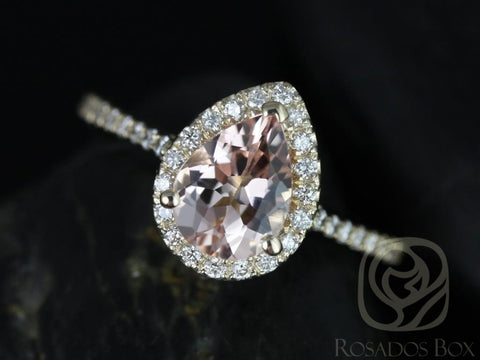 Tabitha 8x6mm 14kt Gold Morganite Diamond Art Deco Pear Halo Ring - Rosados Box