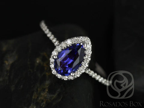 Tabitha 8x5mm 14kt White Gold Blue Sapphire Diamonds Dainty Pave Pear Halo Engagement Ring - Rosados Box