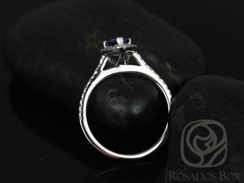 Tabitha 8x5mm 14kt White Gold Blue Sapphire Diamonds Dainty Pave Pear Halo Engagement Ring - Rosados Box