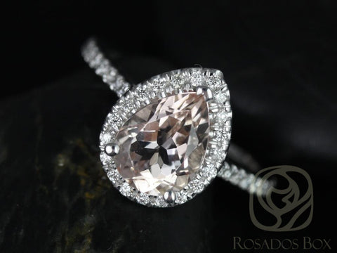 Tabitha 9x7mm 14kt Gold Morganite Diamonds Dainty Pear Halo Ring - Rosados Box