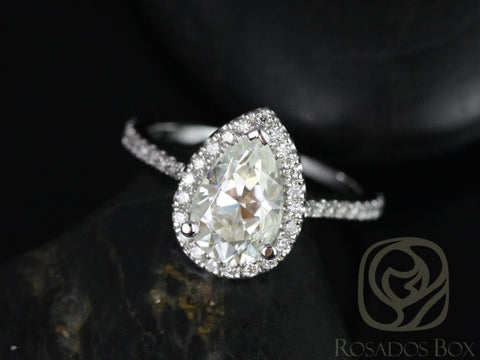 Ready to Ship 1.50cts Tabitha 9x6mm 14kt White Gold Moissanite Diamonds Dainty Micro Pave Pear Halo Engagement Ring - Rosados Box