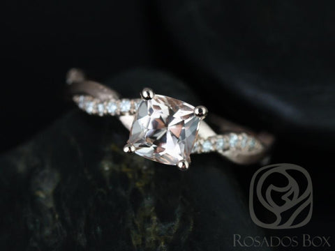 Tressa 6mm 14kt Rose Gold Cushion Morganite Diamond Dainty Twisted Vine Unique Engagement Ring - Rosados Box