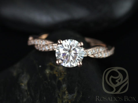 1ct Twyla 6.5mm 14kt Rose Gold Forever One Moissanite Diamond Pave Crossover Twist Round Engagement Ring - Rosados Box