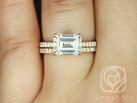 2.60ct Becca 9x7mm 14kt Gold Moissanite Diamond Emerald Cut Solitaire with Accent Bridal Set - Rosados Box