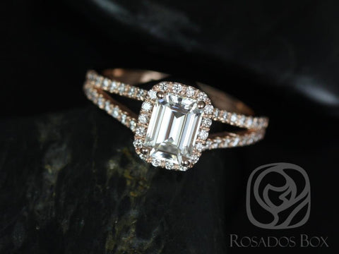 SALE 1.20ct Ready to Ship Yessi 7x5mm 14kt YELLOW Gold FB Moissanite Diamonds Split Shank Emerald Cut Halo Ring - Rosados Box